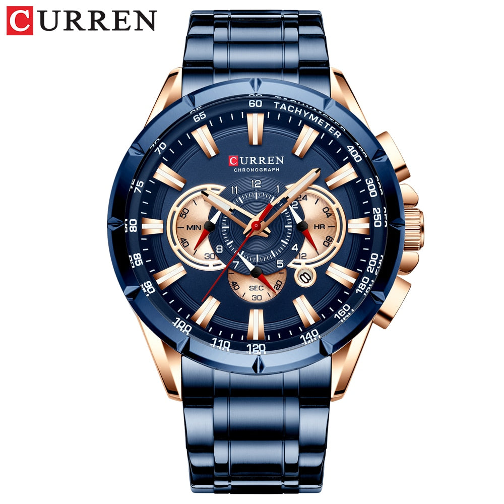 CURREN Luxury Casual Mens Watches Quartz Sports Chronograph Wristwatch Male Stainless Steel Luminous hands Clock