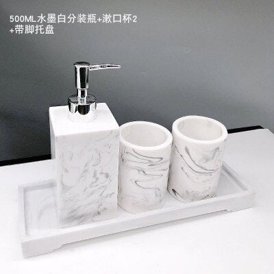 Luxury Resin Bathroom Accessories Set Tray 5pcs Set Nordic White Marble Texture Resin Bathroom Kit Soap Dispenser Storage Tray