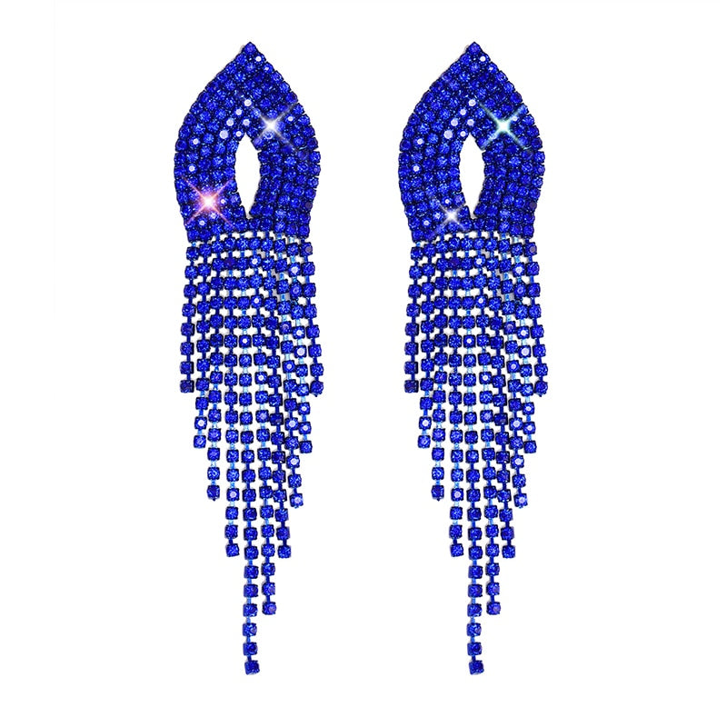 2022 New Trendy Crystal Long Tassel Earrings Blue Rhinestone Waterdrop Dangle Drop Earrings Eardrop For Women Jewelry Gift