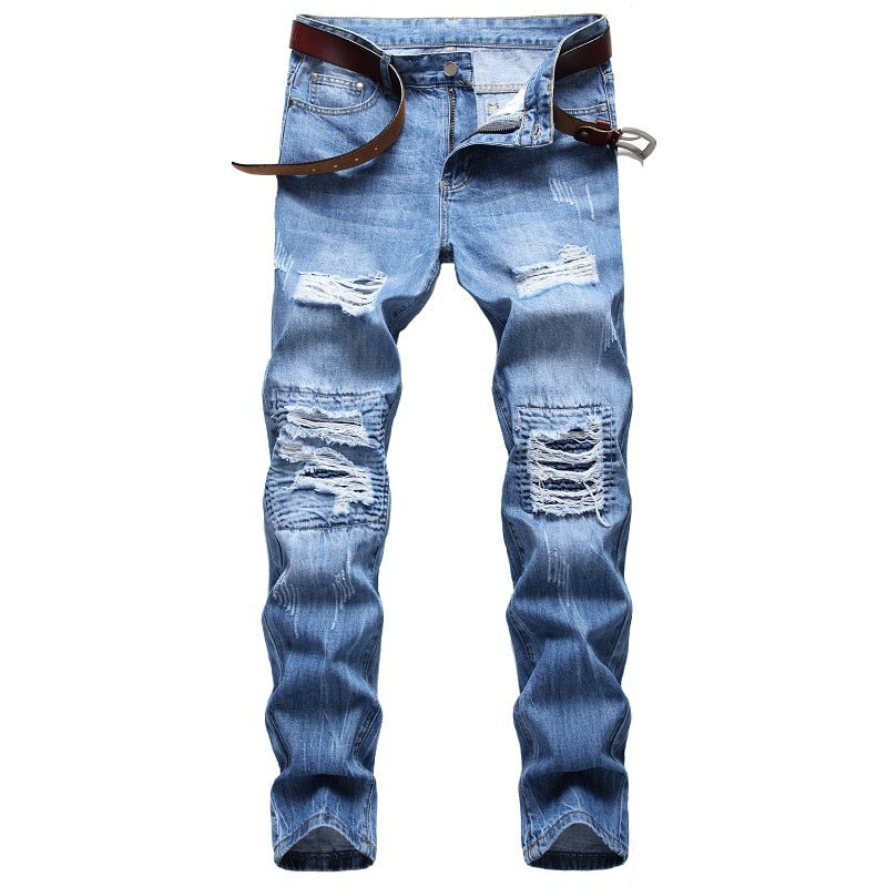 2021 Autumn Spring Men's Ripped Street HIP HOP Punk Stretch Bike Jeans Trendy Holes Straight Denim Trouers