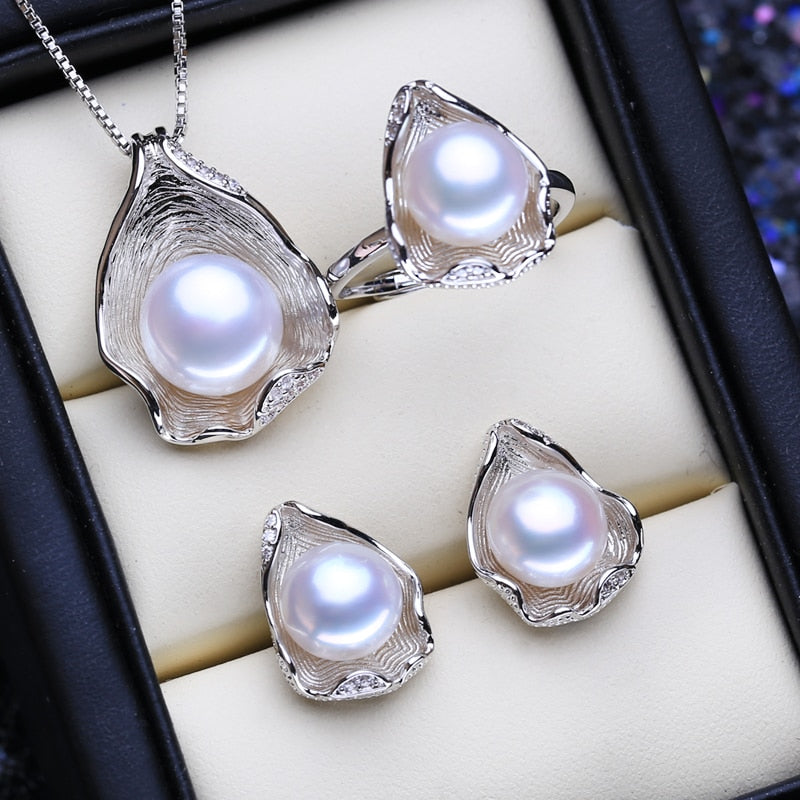 FENASY 925 Sterling Silver Pendant Necklace Natural Pearl Jewelry Sets For Women Classic Stud Earrings Fashion Party Rings