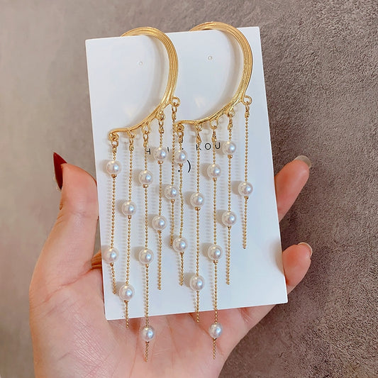 New Popular Design Water Drop Pearls Tassel Clip Earrings for Women Charm Jewelry Temperament Accessories Wedding Party Ins Hot