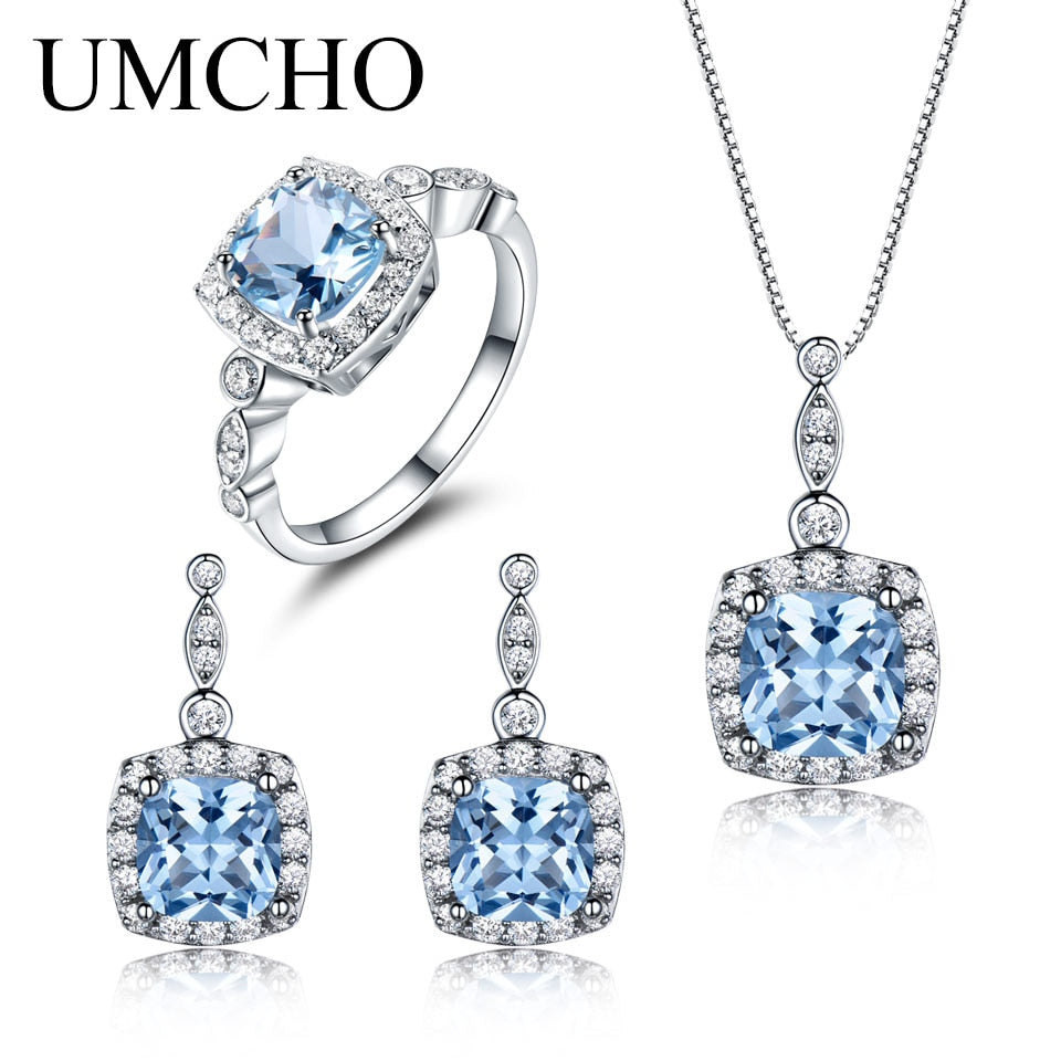 UMCHO 925 Sterling Silver Jewelry Set Sky Blue Topaz Ring Pendant Stud Earrings For Women Wedding Valentine's Gift Fine Jewelry