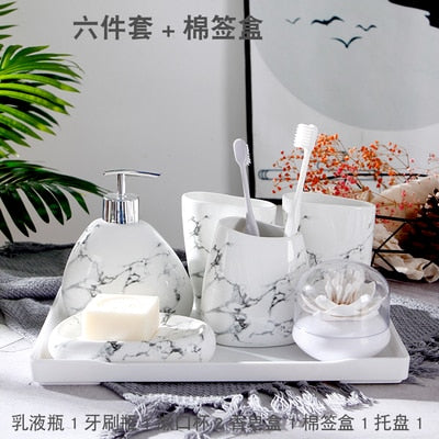 Wedding Gift Nordic Marble Texture Ceramic Bathroom Accessories Set/Soap Dispenser/Toothbrush Holder/Melamine Tray