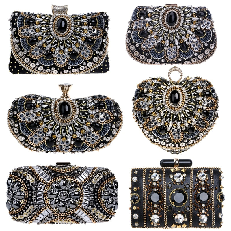 SEKUSA Vintage style women beaded evening bags embroidery small day clutches wedding bridal handbags diamonds case purse