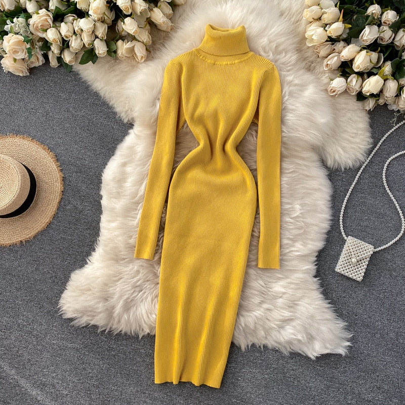 Dresses for Women 2022 Sexy Turtleneck Knitted Bodycon Dress Women Autumn Winter Long Sleeve Sweater Dress