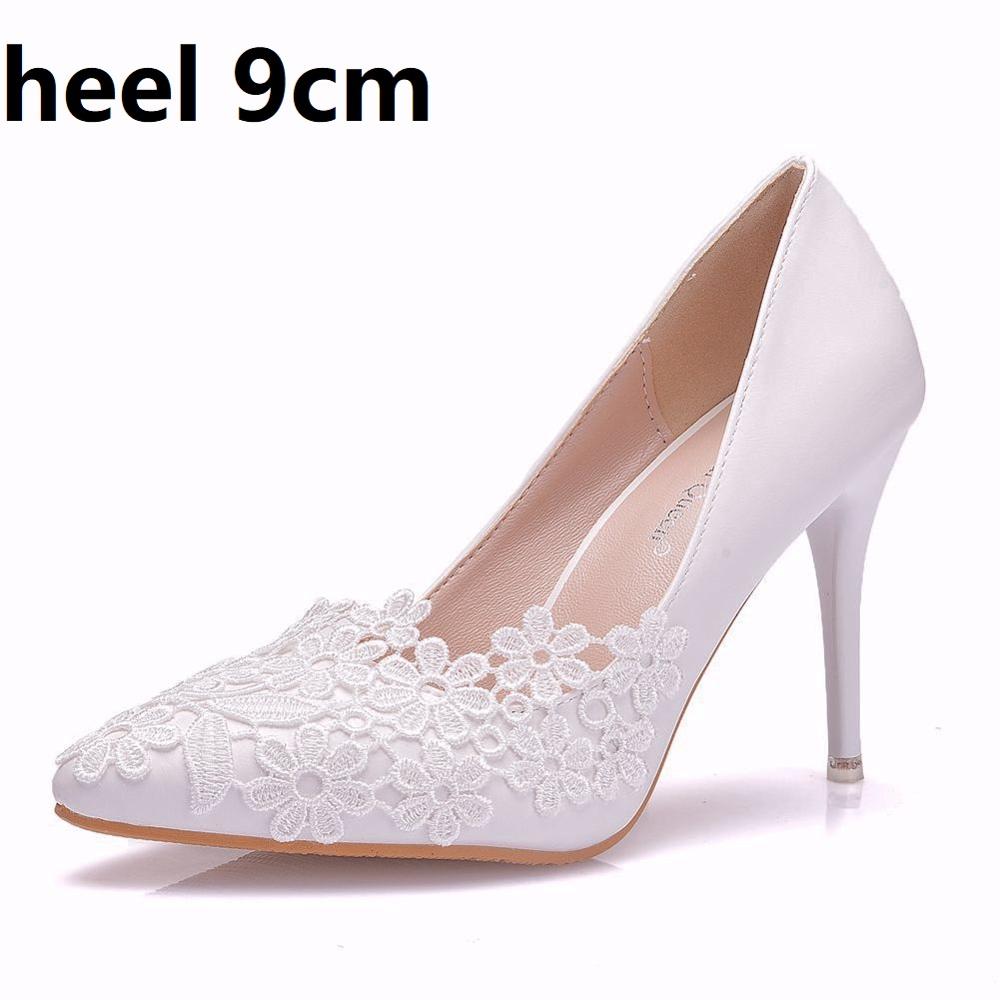 Crystal Queen White Lace Flower Pumps womens Elegant Wedding Shoes Bride High Heels Platform Ladies Wedges Party Dress Shoes