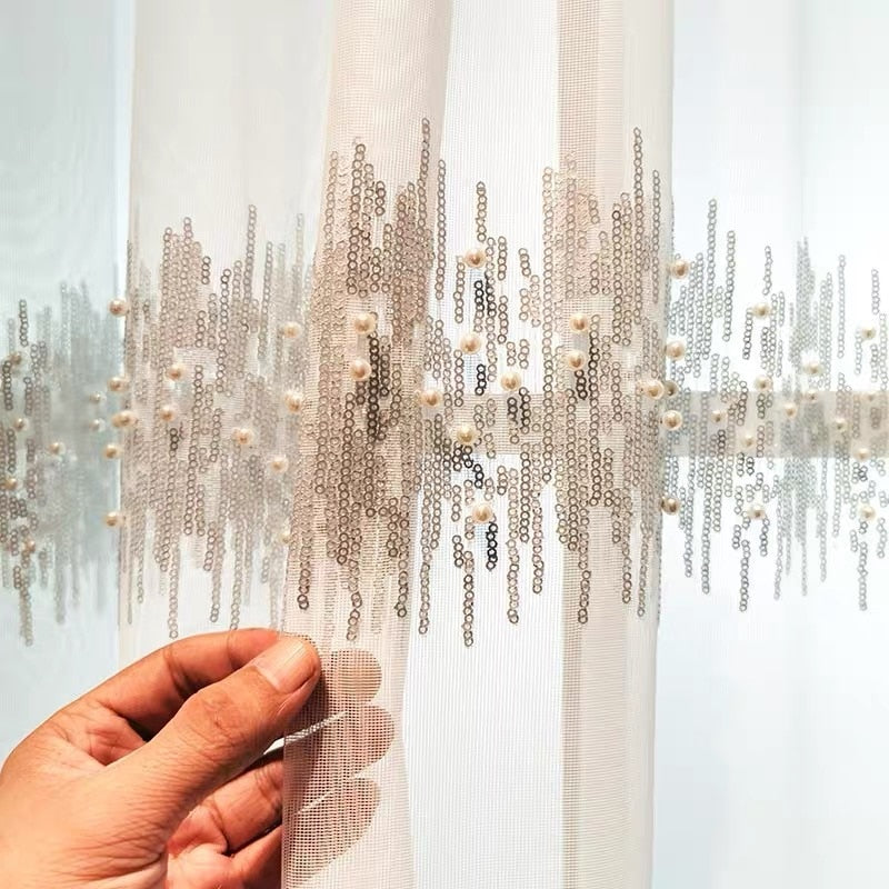 French Luxury Embroidery Sequins Tulle Curtains for Living Room Pearls sequins Curtains Yarn for Bedroom Customized X-M232#CR