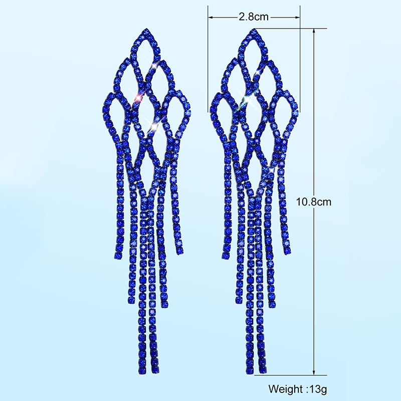 2022 New Trendy Crystal Long Tassel Earrings Blue Rhinestone Waterdrop Dangle Drop Earrings Eardrop For Women Jewelry Gift