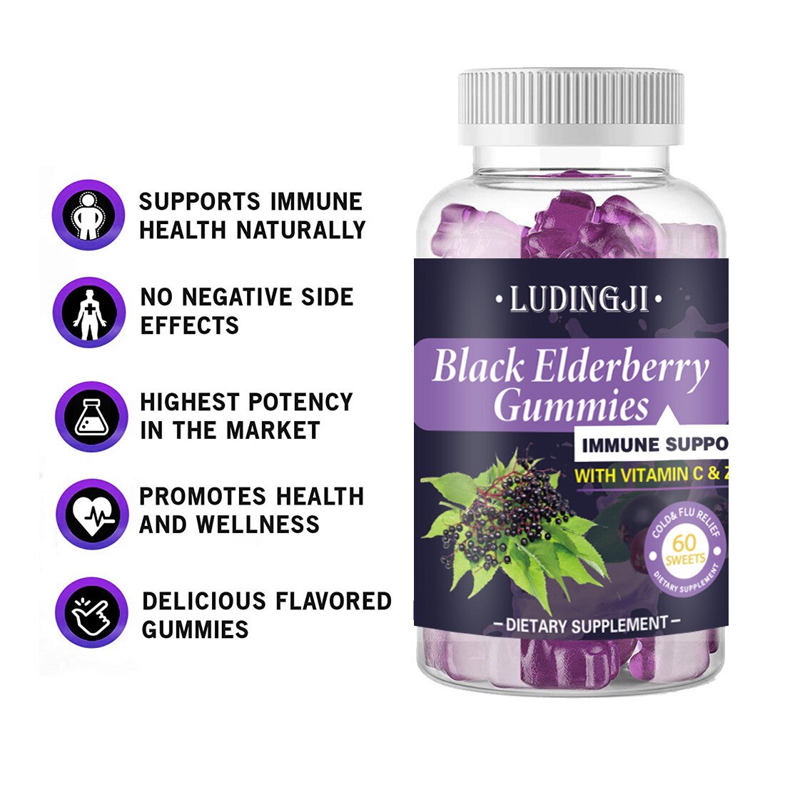 Sambucus Elderberry Gummies Black Elderberry Sweets with Vitamin C and Zinc Immune System Booster Supplements