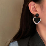 FYUAN Korean Style Black Acrylic Heart Dangle Earrings for Women Rhinestone Earrings Weddings Party Jewelry Accessories