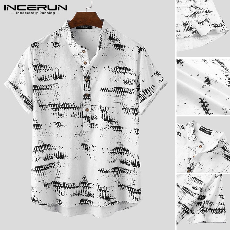 INCERUN Men Vintage Printed Shirts Short Sleeve Stand Collar Shirt Man Casual Buttons Loose Blouse Fashion Cotton Floral Camisa