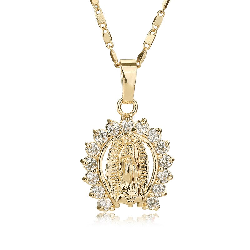 CWEEL Virgin Mary Necklace Gold Color Bijoux Imitation Crystal Statement Necklace Women Fashion Pendant Catholic Jewelry