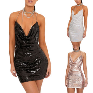 Women Glitter Halter Dress, Adults Sexy Backless Solid Color Cowl Neck Sequin Dress,White/Pink/Black, S/M/L/XL