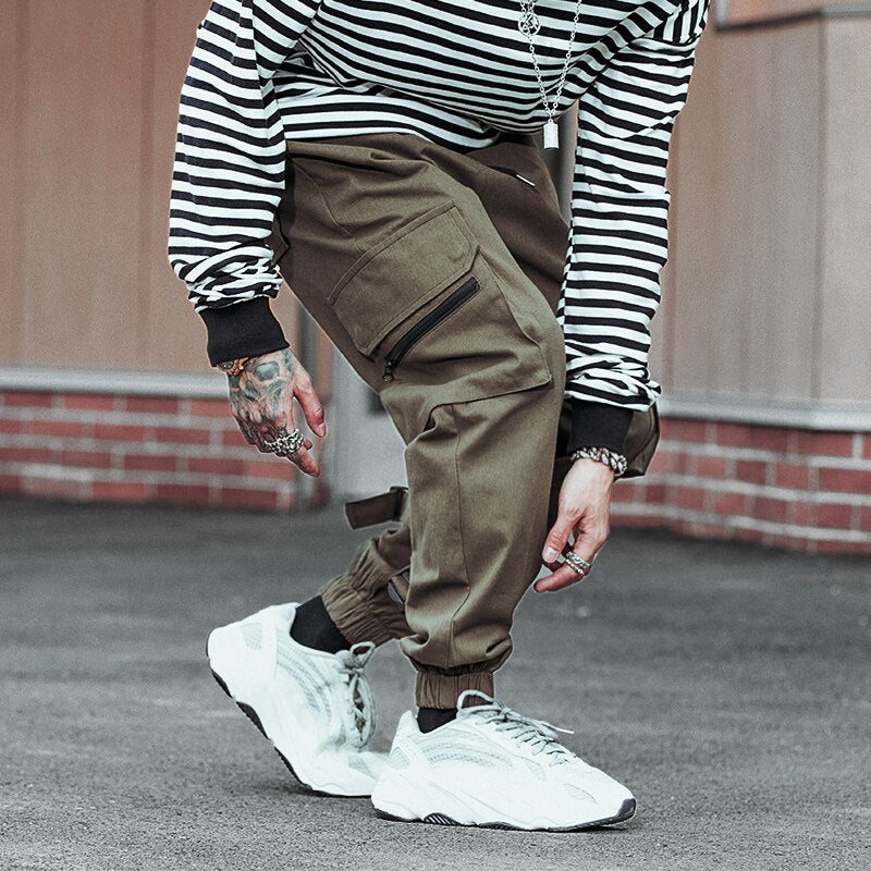 Streetwear Harem Joggers Men Ribbons Pockets Casual Mens Cargo Pants Hip Hop Cotton Casual Ankle-length Men Trousers