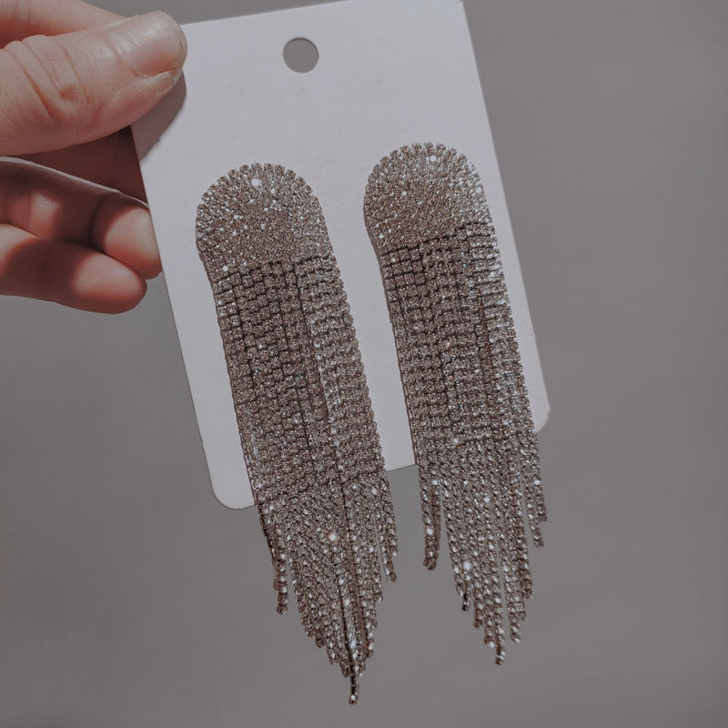 Europe And America New Exaggerated Full Rhinestone Tassel Earrings For Women Party Wedding Statement Jewelry Long Earings Gifts