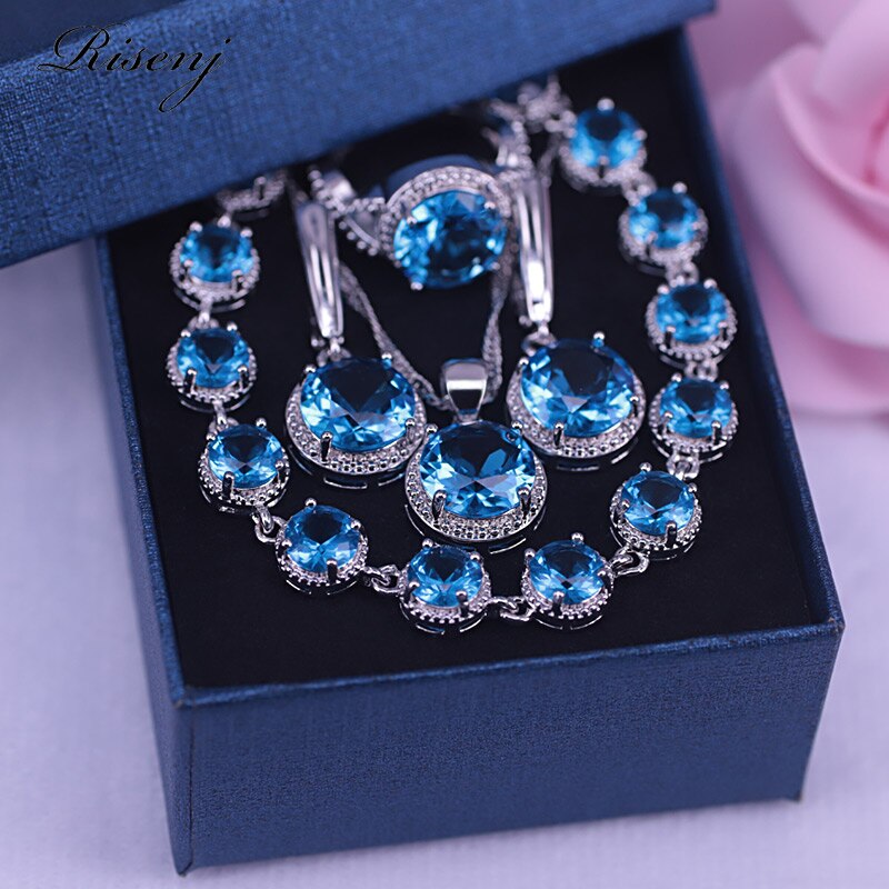 Many colors top cubic zircon Silver Color Jewelry Sets for Women Bracelet Ring Earrings Necklace Luxury Design