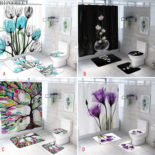 Colorful Tulip Lotus Flowers Trees Shower Curtain Sets Non-Slip Rugs Toilet Lid Cover and Bath Mat Waterproof Bathroom Curtains