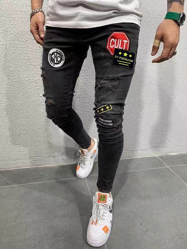 Skinny ripped jeans men Pants Pencil Biker Side Striped Jeans Destroyed Hole Hip Hop Slim Fit Man Scratched Jean Hombre Pantalon