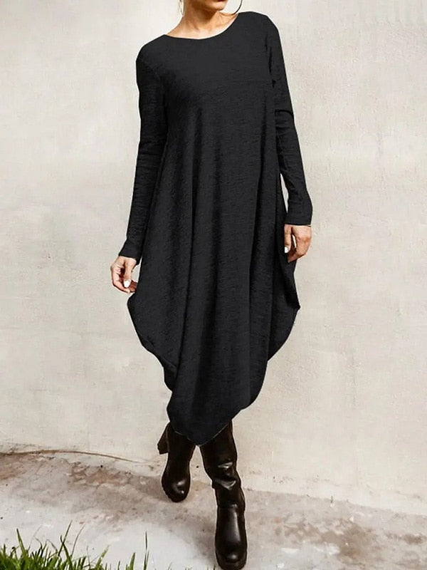 Oshoplive New Autumn 2021 Hot Sale Casual Irregular Vintage Dress Women Simple Solid Color Round-Neck Long Sleeves Midi Dress