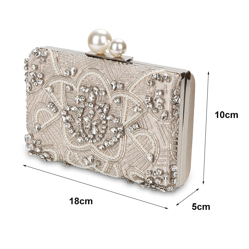 Apricot Silver Crystal Clutch Bags Handmade Beaded Pearl Wedding Clutch Purse Luxury Handbags Women Shoulder Bags ZD1361