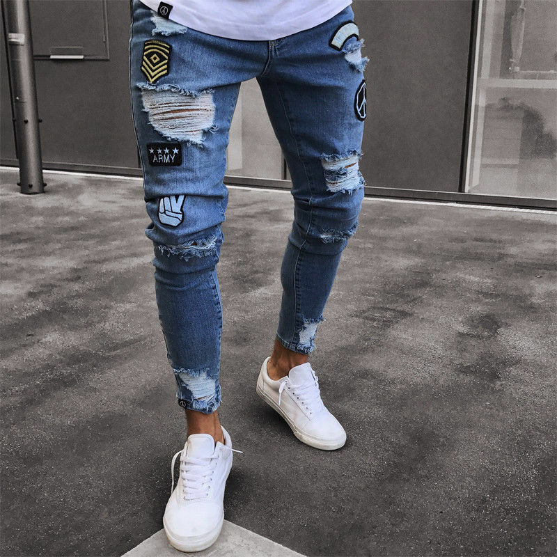 New Fashion Mens Skinny Jeans Rip Slim fit Stretch Denim Distress Frayed Biker Scratchted Hollow out Long Jeans Boy Zone