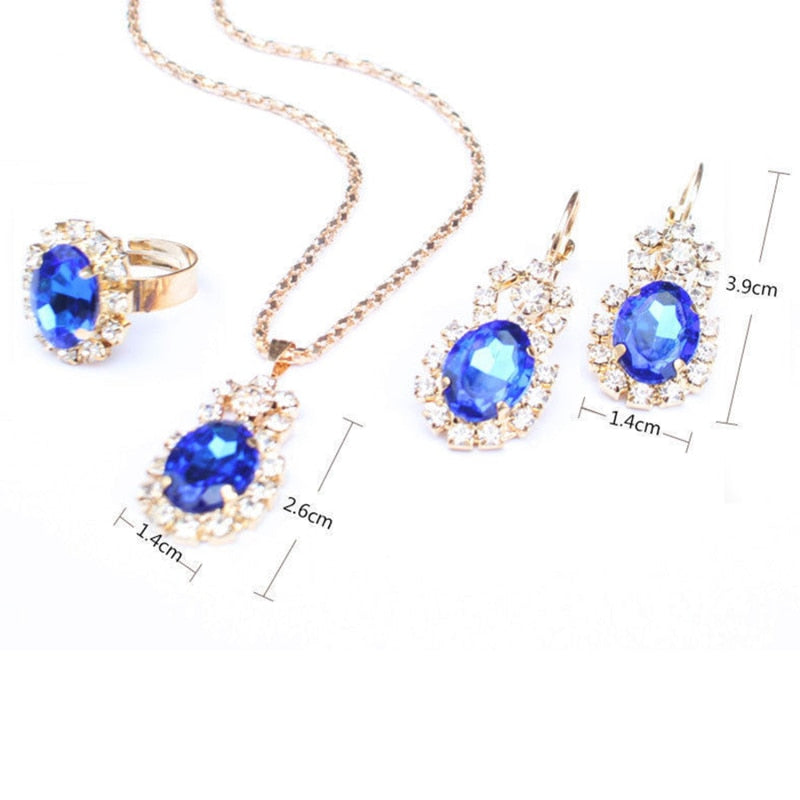 Water Drop White Blue Red Purple Black Rhinestones Jewelry Sets For Women Pendant/Necklace/Earrings/Rings