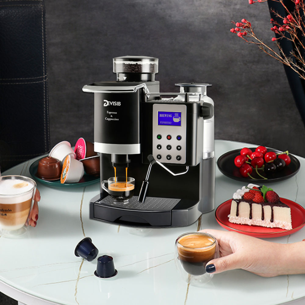 DEVISIB 20Bar Professional Coffee Machine 3 in 1 Espresso Maker With Auto Coffee Grinder for Home Office Small Coffee Shop Using