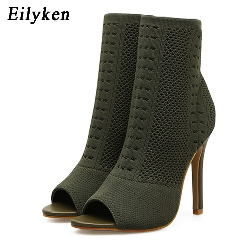 Eilyken Womens Boots Green Elastic Knit Sock Boots Ladies Open Toe High Heels Fashion Ankle Boots Women Pumps Size 35-42