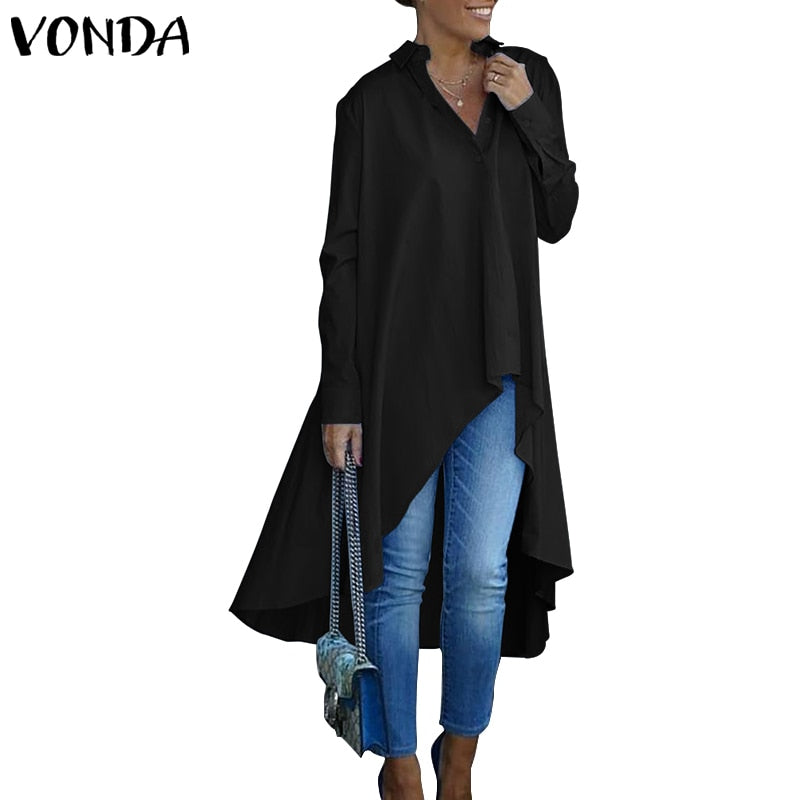 Asymmetric Blouse Women Casual Irregular Hem Blouse Party Shirts VONDA 2021 Autumn Long Sleeve Bohemian Tops Plus Size Blusas