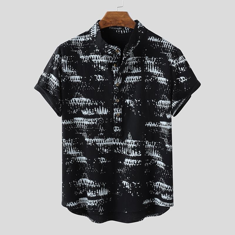 INCERUN Men Vintage Printed Shirts Short Sleeve Stand Collar Shirt Man Casual Buttons Loose Blouse Fashion Cotton Floral Camisa