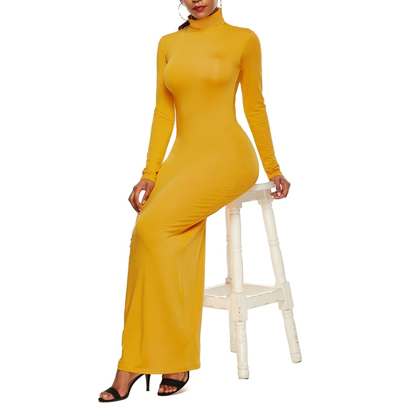 Turtleneck Long Dress Autumn Winter Muslim Elegant Office Lady Skinny Long Sleeve Bodycon Casual Dress Women Midi Clubwear