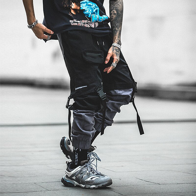 Streetwear Harem Joggers Men Ribbons Pockets Casual Mens Cargo Pants Hip Hop Cotton Casual Ankle-length Men Trousers