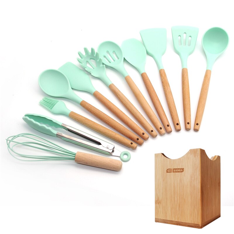 Silicone Cooking Utensils 11/12/13Pcs Kitchen Utensil Set Non-stick Spatula Wooden Handle with Storage Box Kitchen Appliances