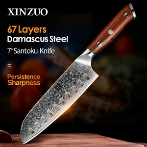XINZUO 7'' inch Santoku Kitchen Knives 67 Layers Damascus Steel Chef Knife Rosewood Handle Dealing with Meat Fruit Vegetables