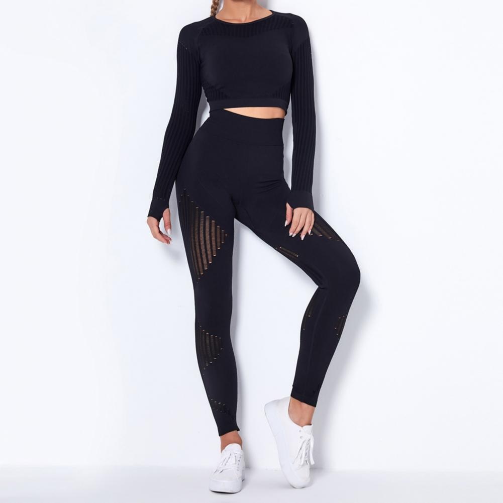 Tracksuit Women Solid Color Yoga Outfit Seamless Two Piece Striped Women Blouse Leggings Set Female Tights Women's Clothing