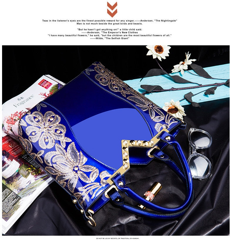 AMELISH Luxury Bag for Women 2022 High Quality Patent Leather Flower Embroidery Diamond Tote Handbag Fashion Female Shoulder Bag