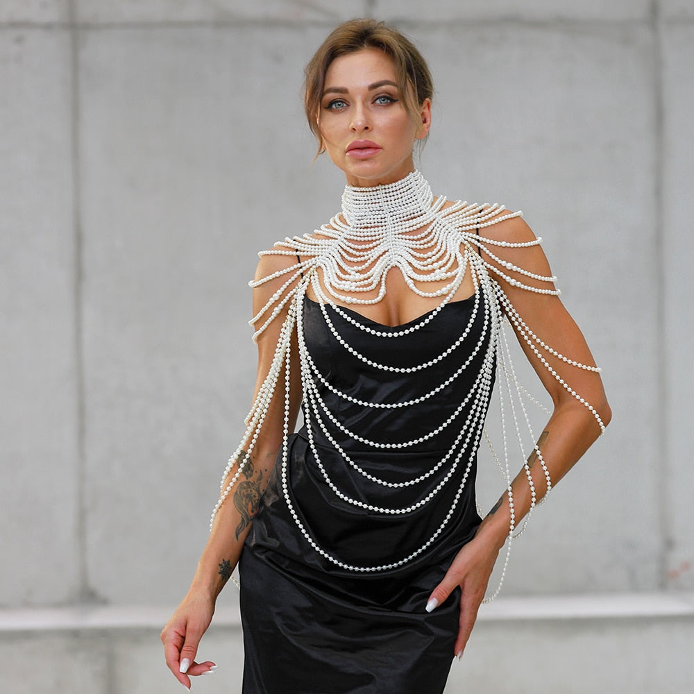 Women Pearl Shawl Necklaces Body Chain Sexy Beaded Collar Shoulder Pearl Bra Top Sweater Chain Wedding Dress Body Jewelry