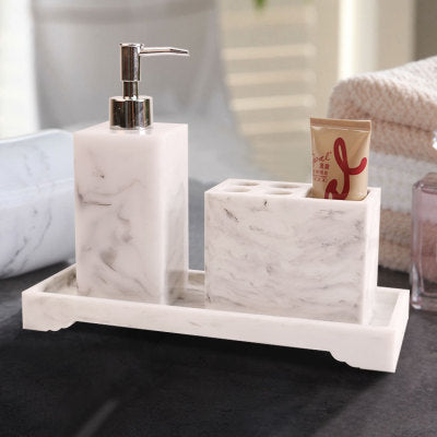 Nordic Bathroom Set Marble Pattern Resin Washroom Accessories Toothbrush Holder Soap Dispenser Soap Dish Bathroom Tray for Weddi