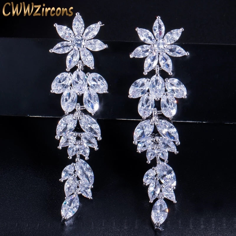 CWWZircons Luxury Marquise Cluster Flower Shape Cubic Zirconia Long Dangle Drop Earrings for Brides Wedding Jewelry CZ432