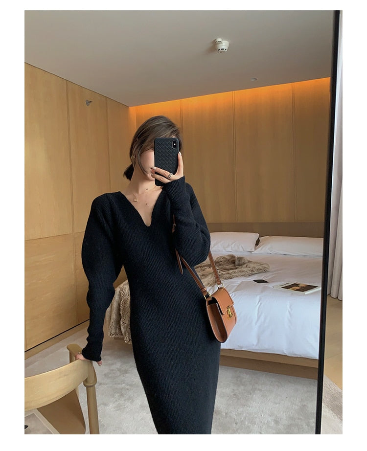 Elegant Long White Knitting Dress Women Winter V-Neck Long Sleeve Bodycon Dress Korean Office Lady High Waist Vintage Dress 2021