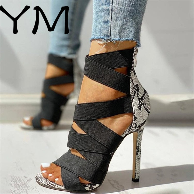 2020 Women Sandalias Mujer Women's Ladies Pumps Fashion Bandage Patchwork Mixed Colors Snake High Heels Sandals Casual Shoe 43