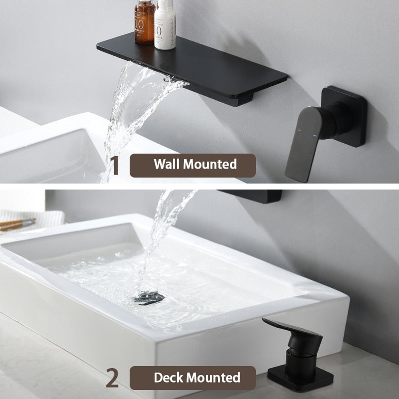 Wall Mounted Basin Faucet Matt Black Brass Bathroom Waterfall Mixer Water Tap Bathroom Cold And Hot Water Taps