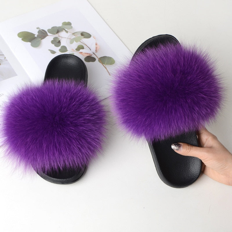 Women Summer Furry Fur Slippers Flat Non-slip Solid Real Fox Fur Slides Fluffy Slippers Ladies Shoes Woman Home Slipper