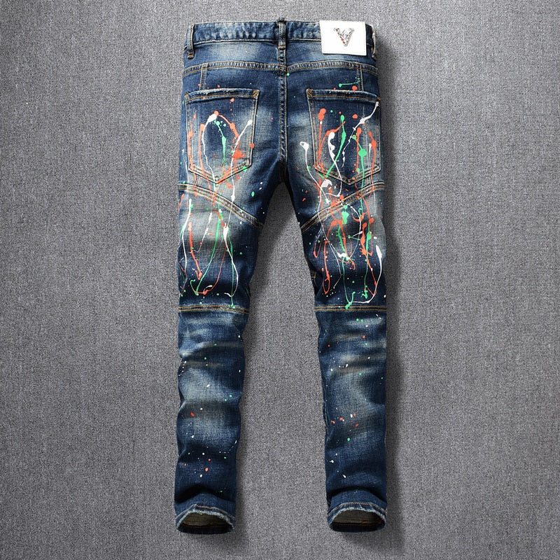 American Streetwear Fashion Men Jeans Painted Designer Slim Fit Elastic Punk Trousers Spliced Biker Jeans Homme Hip Hop Pants