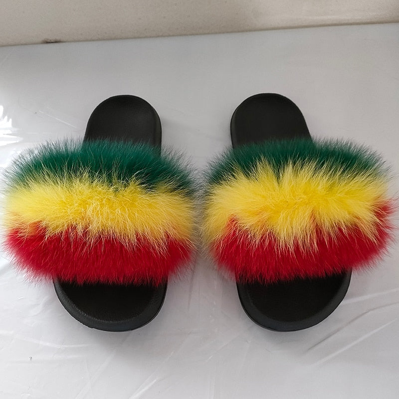 Women Summer Furry Fur Slippers Flat Non-slip Solid Real Fox Fur Slides Fluffy Slippers Ladies Shoes Woman Home Slipper