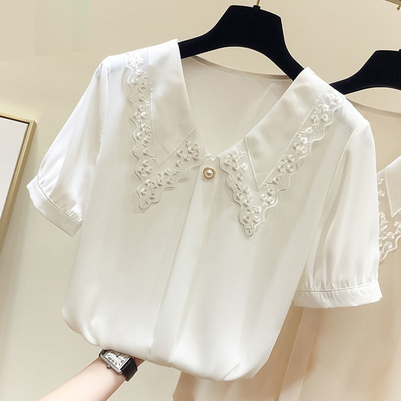 Women Spring Summer Style Chiffon Blouses Shirts Lady Casual Short Sleeve Peter Pan Collar Chiffon Blusas Tops ZZ0792