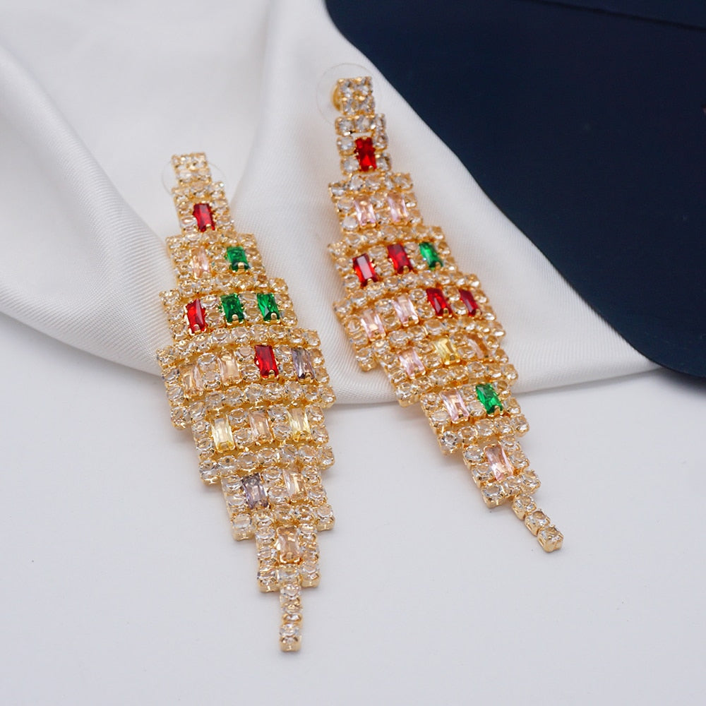 New Styles Long Metal Colorful Crystal Drop Earrings High-Quality Fashion Rhinestones Jewelry Accessories For Women Gift Party