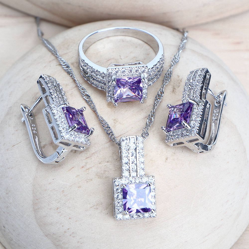 Purple Zirconia Women Bridal Jewelry Sets Silver 925 Fine Costume Jewellery Wedding Earrings Rings Bracelets Pendant Necklace