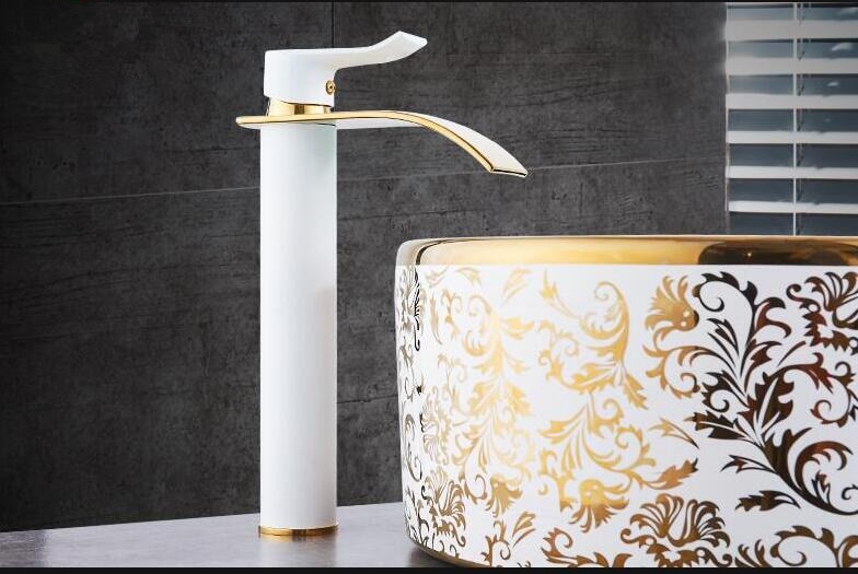 Basin Faucet Gold and white Waterfall Faucet Brass Bathroom Faucet Bathroom Basin Faucet Mixer Tap Hot and Cold Sink faucet